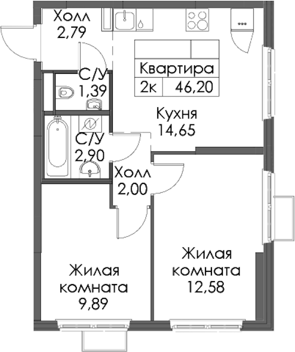 2-комнатная квартира 46.2 м², 9/12 эт., ЖК «Таллинский парк»